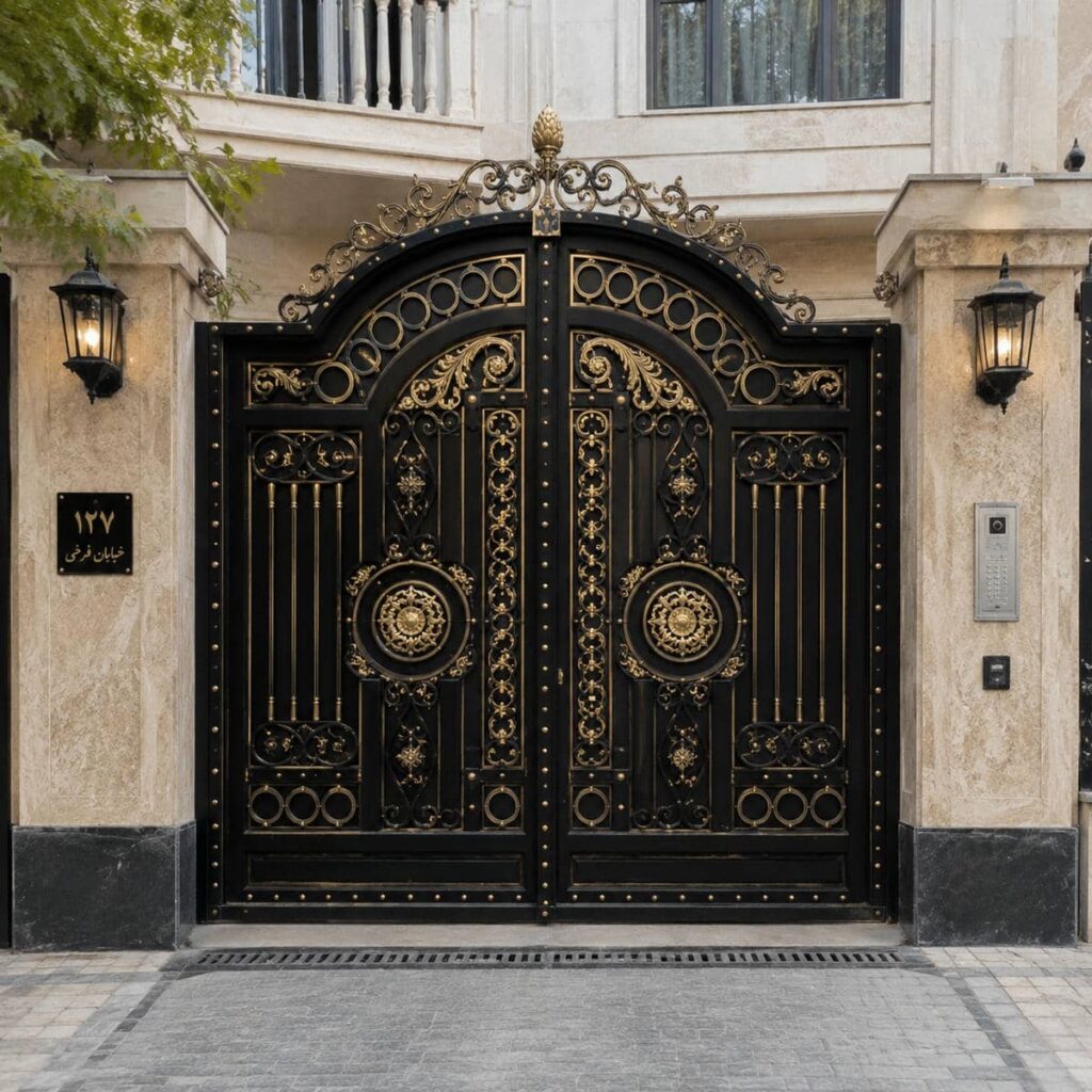 نصب درب پارکینگ مشکی طلایی با تراز دقیق