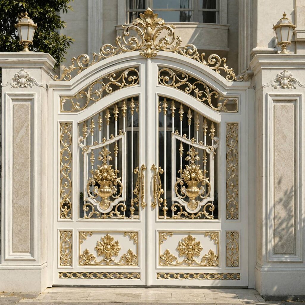 سفارش درب حیاط سفید طلایی فرفورژه