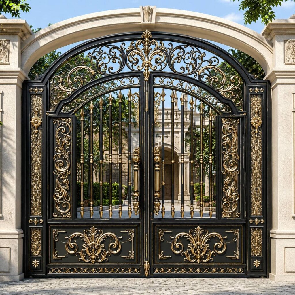 سفارش درب فرفورژه نمای رومی با گلنرده متقارن سفارش درب فرفورژه نمای رومی با گلنرده متقارن