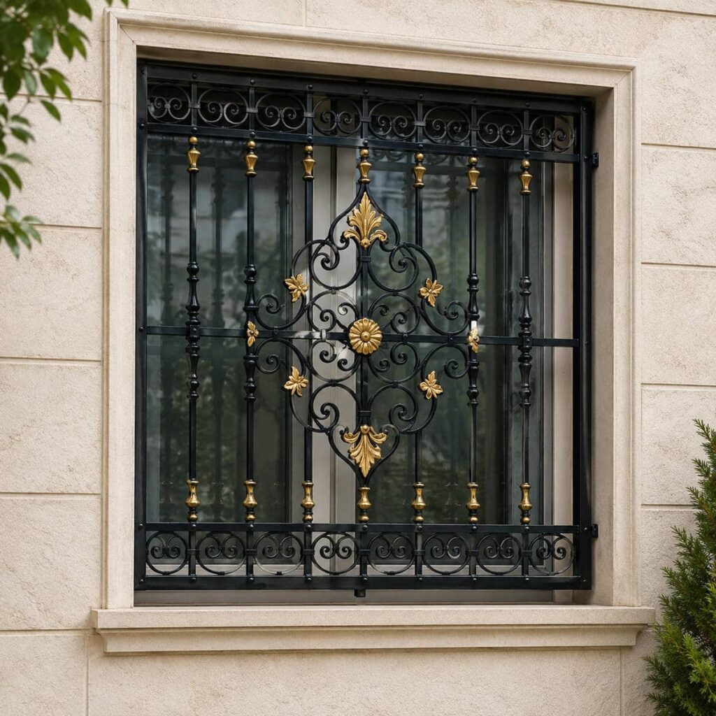 اجرای حفاظ پنجره مشکی طلایی با پلیت آماده