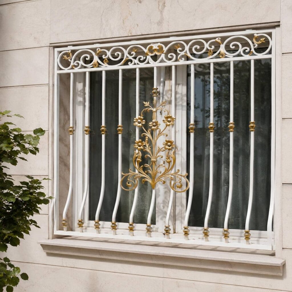 نصب حفاظ پنجره سفید طلایی روی نمای سنگ