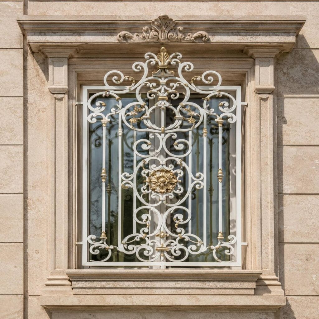 اجرای حفاظ پنجره سفید طلایی با پلیت آماده