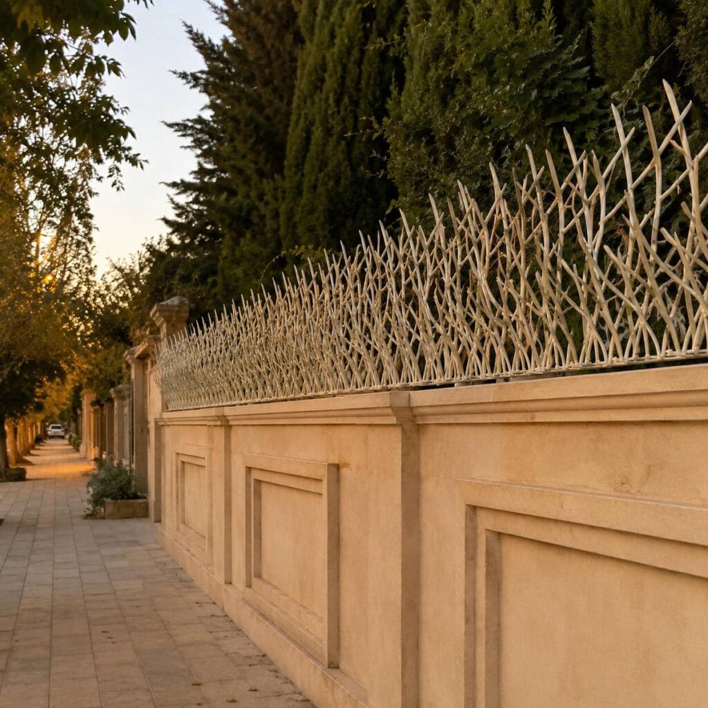 حفاظ دیوار سرنیزه ای کنار نمای آجری در شیراز