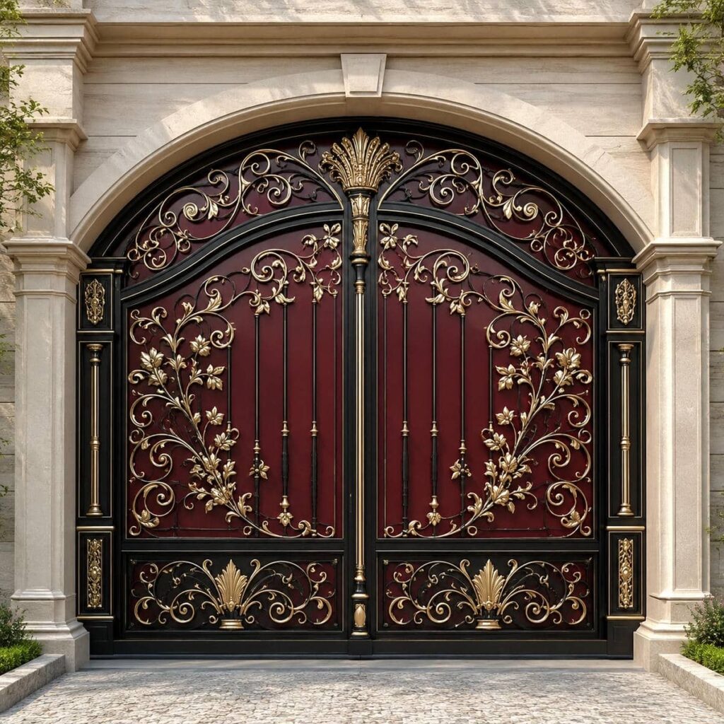 درب حیاط فرفورژه مشکی با نقش گل برجسته